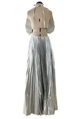 Exceptional 1970s Roland Klein Metallic Silver Lame Pleated Fan Dress w Completely Open Bare Back