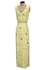 Prettiest Early 1960s Malcolm Starr by Elinor Simmons Hand Beaded Pale Yellow Silk Dress