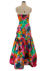 Prettiest Spring 1986 Arnold Scaasi Strapless Bright Floral Print Silk Dress