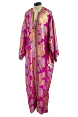Stunning 1970s Jean Louis Metallic Pink Gold & Silver Caftan Dress w Gold & Pink Braiding