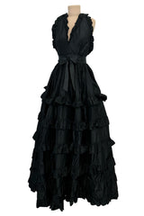 c 1970 Oscar de la Renta Black Silk Taffeta Backless Halter Neck Dress w Extensive Ruffle Detailing
