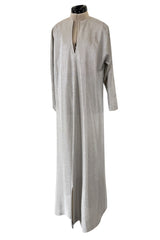 Fantastic 1970s Halston Metallic Silver Lame Lurex Full Length Caftan Dress w Notched Neckline