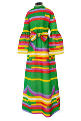 Spectacular 1968 Bill Blass Bright Striped Silk Organza Dress w Original Bow Belt & Bell Sleeves
