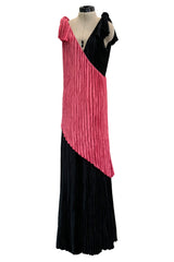 Fantastic Fall 1980 Mary McFadden Couture Salmon Pink & Black Cross Over Pleated Dress