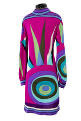 Bright 1960s Emilio Pucci Deep Fuchsia Pink & Primary Coloured Geometric Print Silk Jersey Dress