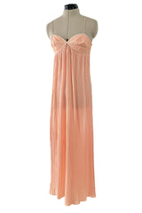 Prettiest 1980s Bill Tice Pale Peach Pleated Dress w Gold Trim Detailed Bodice & Elastic Back