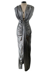 Fantastic 1990s Gianni Versace Metallic Silver Stretch Jersey Dress w Front Plunge & Long Tie