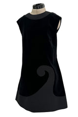 Minimalist 1960s Pierre Cardin Black Cotton Velvet Mod Shift Dress w Grosgrain Detailing
