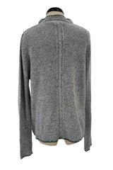 Wonderful 1980s Moser Deep Grey Colour Hand Knit Cardigan Sweater w Floral Details & Metal Buttons