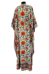Prettiest 1960s Hand Block Printed Coral Blue & Ivory 100% Cotton Full Caftan w Front Belt