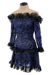 Fall 1987 Yves Saint Laurent Runway Off Shoulder Dress w Metallic Thread & Ruffled Detailing