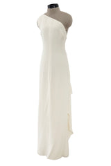 2010s Valentino Ivory Silk Crepe One Shoulder Dress w Draped Back & Rhinestone Buckle