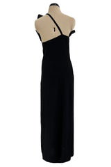 Fabulous 1980s Bill Blass One Shoulder Black Crepe Dress w High Taffeta Ruffle Detail