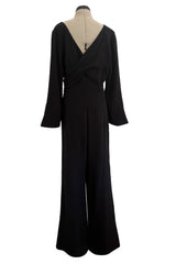 Minimalist Vintage Thierry Mugler Black Wide Legged Jumpsuit w Wrapped Front Detail & Flared Sleeves