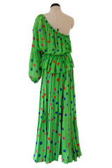 Demi-Couture Spring 1989 Nina Ricci Runway Dotted Silk Skirt & Silk Chiffon One Shoulder Top Set