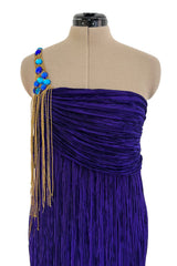 Fall 1982 Mary McFadden Purple Pleated Dress w Elaborate Beaded Gold Cord Shoulder