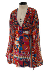 Fantastic 1970 Thea Porter w Documented Print by Sandra Munro Silk Chiffon Mini Dress w Ultra Wide Sleeves