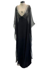 V Neck & Back 1990s Nina Ricci Black Silk Chiffon Caftan Dress w Sequin Bead & Rhinestone Detailing