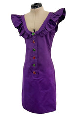 Spring 1992 Yves Saint Laurent Ad Campaign Purple Dress w Green & Red Enamel Heart Buttons