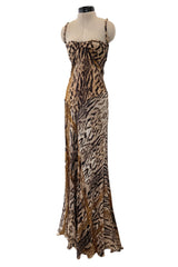 Sexiest 2003 Roberto Cavalli Laced Back Corset Leopard Print Silk Chiffon Dress w Stitched Panels