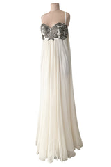 Incredible 2022 Alexander McQueen by Sarah Burton Ivory Silk Chiffon Dress w Heavily Detailed Bodoice