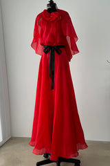 1979 Givenchy Red Organza Caped Dress