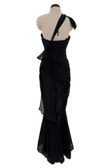 Incredible 1980s Thierry Mugler Black Layered Silk Chiffon One Shoulder Dress Flared Skirt Dress