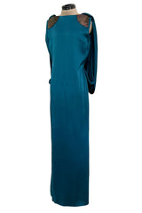 Amazing 1980s Bill Blass Bias Cut Deep Teal Silk Dress w Bead Detailing & Draped Low Back