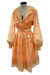 Prettiest 1960s Oscar De La Renta Peach Iridescent Silk Organza Dress w Gold Thread Detailing