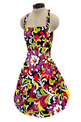 Gorgeous Resort 1993 Christian Lacroix Crisp Cotton Floral Print Halter Dress w Pouf Back Skirt