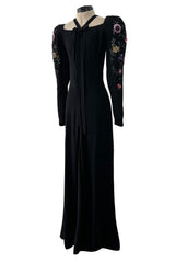 Prettiest 1920s Hickson Inc. Black Moss Crepe Dress w Tie Neck & Hand Sequinned Sleeves