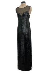 1973 Loris Azzaro Couture Black Flame Sequin Detailing & Feather Light Silk Chiffon Dress