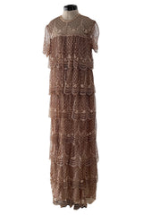 Prettiest 1960s Gold & Taupe Net Lace & Rhinestone Tiered Scalloped Edge Dress