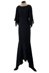 Fall 1993 Chanel by Karl Lagerfeld Black Silk Chiffon Dress w Flutter Sleeves & Low Open Back
