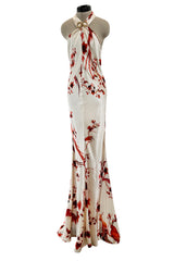 Spectacular Spring 2007 Roberto Cavalli Ivory & Coral Print Bias Cut Silk Dress w Twisted Halter Front & Low Back