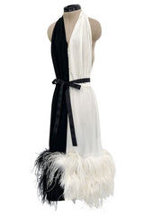 1960s Harold Levine Glamorous High Contrast Black & White Dress w Feather Hem
