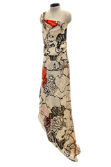 Gorgeous Early 2000s Valentino Roma Bias Cut Floral Print Dress w Bright Pops of Coral Red