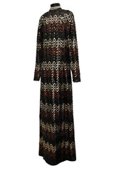 Extraordinary 1970s Donald Brooks Metallic Copper, Gold & Black Sequin & Lame Knit Dress