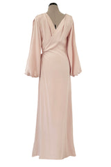 Prettiest Spring 1990 Yves Saint Laurent Pale Nude Pink Silk Plunge Runway Dress w Balloon Sleeves