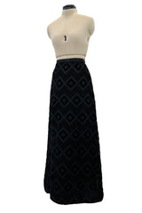 Prettiest 1960s Pierre Balmain Full Length Fused Velvet in Black Silk Geometric Pattern Skirt