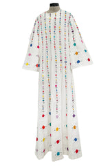 Fantastic 1960s Unlabeled White Cotton Hand Embroidered Mexican Caftan Dress