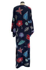 Easy-to-Wear 1980s Hanae Mori Printed Leaf & Flower Blue Silk Caftan Dress w Wide Sleeves