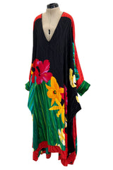 Fabulous 1980s Pauline Trigere Scarf Weight Silk Huge & Brillaint Coloured Floral Printed Caftan Dress