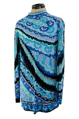 Chic Little 1970s Leonard Ocean Blues Printed Silk Jersey Untra Mini Dress or Tunic