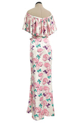 Dreamy Spring 1987 Yves Saint Laurent Off Shoulder Pink Feather & Bow Print Silk Dress