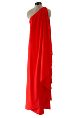 Prettiest 1978 Halston Red Jersey One Shoulder Draped Full Length Maxi Dress