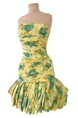 Documented Spring 1988 Emanuel Ungaro Pale Yellow Silk Taffeta Strapless Dress w Floral Print