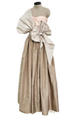 Dreamy Early 1980s Bill Blass Pink, Champagne & Taupe Silk One Shoulder Dress w Full Skirt