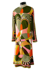 Fantastic 1960s Emilio Pucci Green Pink Coral & Orange Abstract Print Silk Jersey Dress
