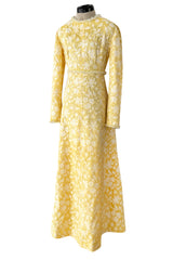 Prettiest 1960s Yves Saint Laurent Stoffler Fabrics Yellow Brocade Dress w Clear Beads